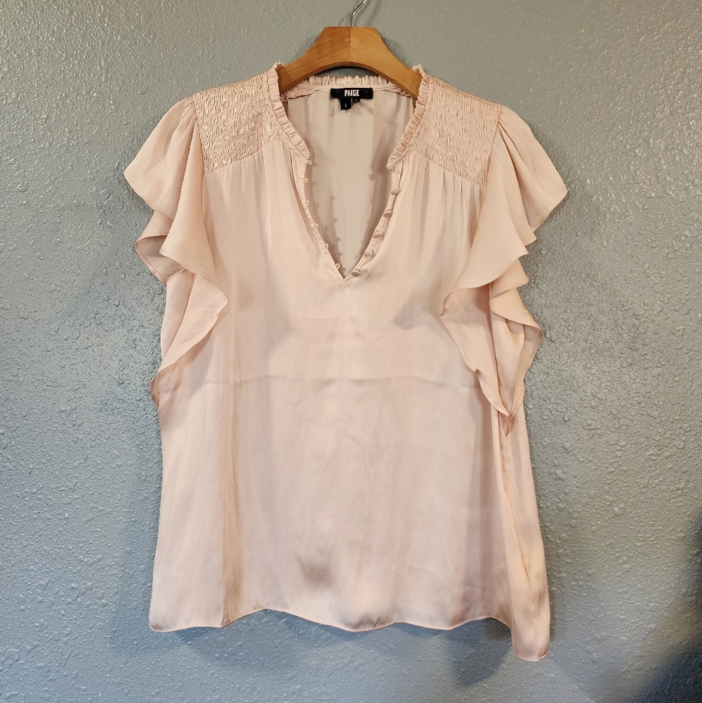 PAIGE Blush Pink Ruffle Short Sleeve Blouse- Small
